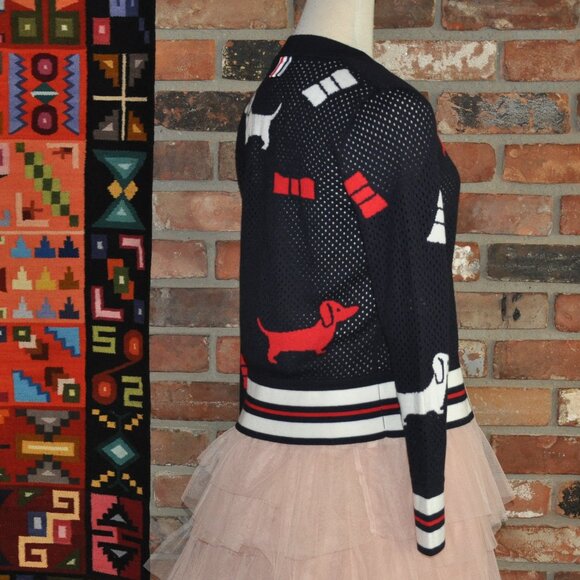 THOM BROWNE Pointelle Hector Bow Navy Wool Cardigan Intarsia-knit Sweater S - Picture 10 of 16